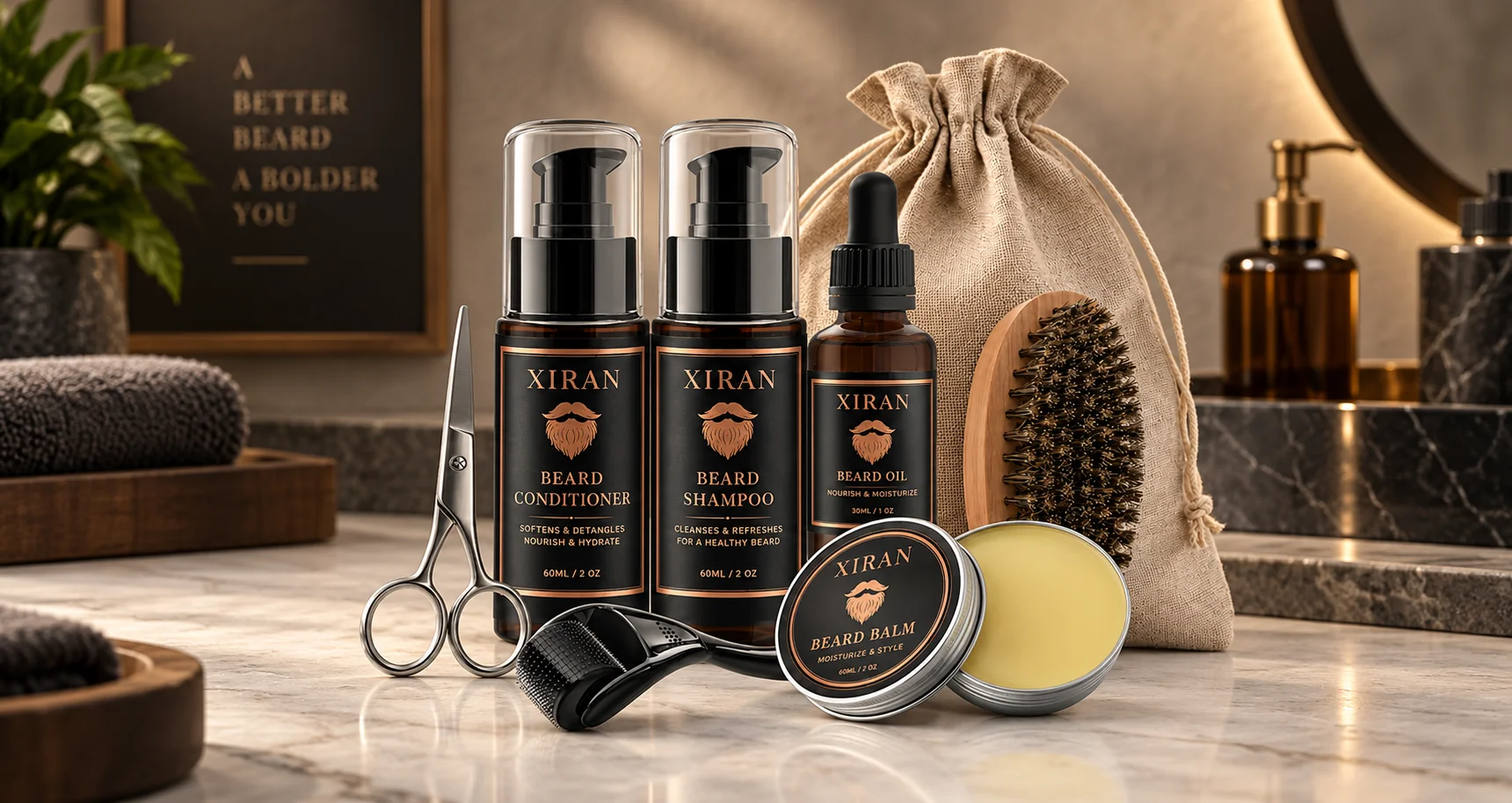 A stylish beard grooming kit with shampoo, conditioner, beard oil, balm, scissors, brush, and a burlap bag displayed on a marble countertop with a modern background.